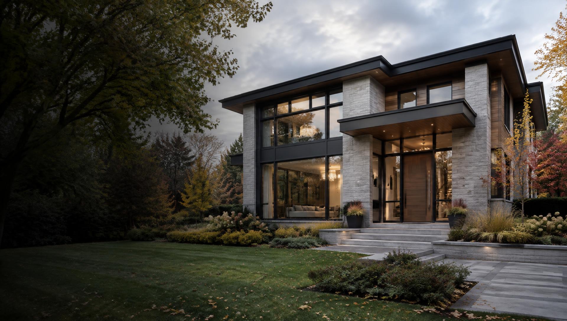 Contemporary home featuring expansive modern windows and entry doors